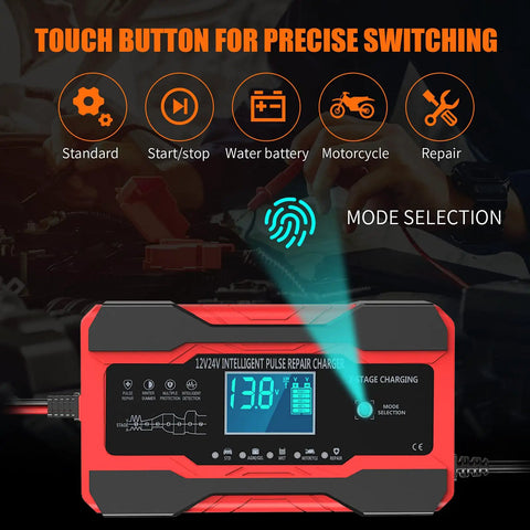 All In One 10 Amp 12V 24V Car Battery Charger Maintainer Trickle Charger And Desulfator With Temperature Compensation For Lead Acid Batteries And All 12V 24V Vehicle Systems displayed with mode selection screen.