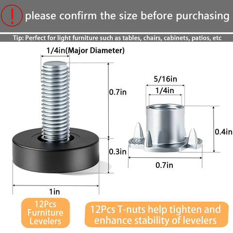 Quarter Inch Thread Leveling Feet 12 Pack With T Nuts Heavy Duty Adjustable Furniture Levelers For Tables And Benches Screw In Feet