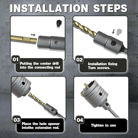 Installation steps for Heavy Duty Pro Grade 4 Inch Concrete Hole Saw Kit with 220mm SDS Plus Shank for masonry drilling