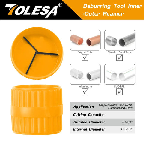 Heavy Duty Pipe Cutter Tool For 3/16 To 2 Inch OD Tubes With Deburring Tool And Reamer, yellow body, cutting capacity details.