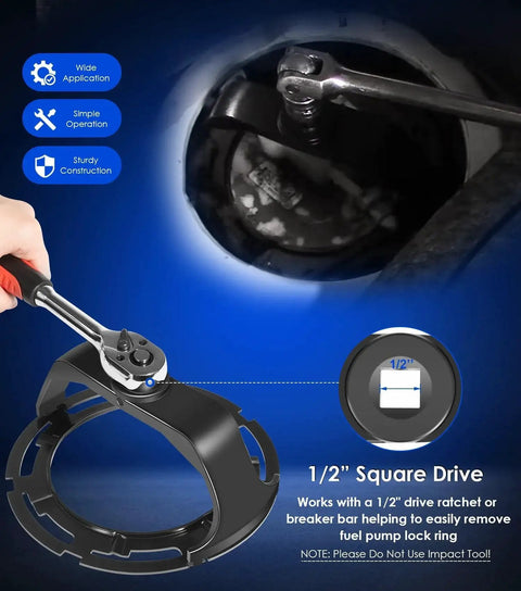 Fuel Tank Lock Ring Tool For Fuel Pump Senders Removal And Install, Universal Replacement Kit shown in operation with a ratchet.