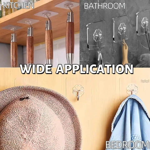 Image showing 24 Pack Heavy Duty Self Adhesive Hooks Transparent Reusable Waterproof Wall Hangers holding items in kitchen, bathroom, bedroom.