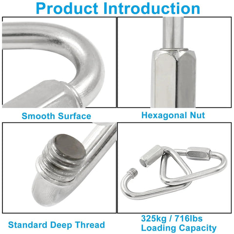 Close-up of four pack 316 stainless steel triangle locking quick connectors with hexagonal nut and deep thread features, 716lbs capacity.