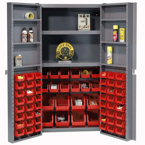 Deep Door Bin Cabinet With 68 Red Plastic Bins Padlockable Steel Cabinet For Tool And Parts Storage Large 38x24x72 Inches