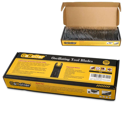 Versatile 100 Piece Oscillating Saw Blade Kit for Wood Metal Plastic with Quick Release packaging and open box with blades