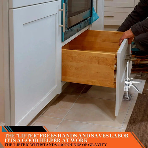 Labor Saving Arm Jack Two Piece Set For Doors Cabinets Windows And Drywall Lift holding a kitchen cabinet drawer