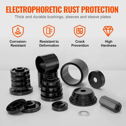Front Wheel Drive Bearing Press Kit 23 Piece Bearing Puller Set with rust-resistant bushings, sleeves, plates for cars and trucks.