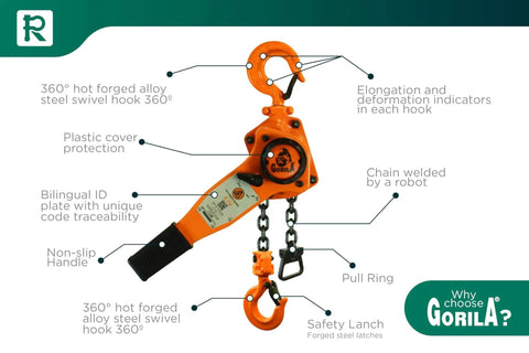Lever Hoist 360 Degree Manual Ratchet Chain Puller With 1650 Lbs Capacity shown with swivel hook and safety latch.