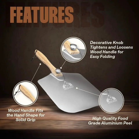 Foldable Aluminum Pizza Peel 12 By 14 Inch With Wooden Handle, 25 Inch Total Length Turning Spatula For Easy Oven Rotation features.