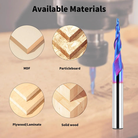 Tapered Ball Nose End Mill Pro for CNC Router 1/4 Inch Shank, 1/16 Inch Tip, materials: MDF, Particleboard, Plywood, Solid Wood