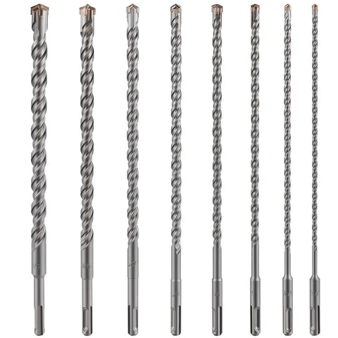 Front view of Five Piece Wensilon Concrete Drill Bit Set For Masonry Pros Three Eighths Inch To Four Inch Cross Type Double Thread Carbide Bits For Concrete Brick Cement Walls And Stone Hammer Drill Applications.