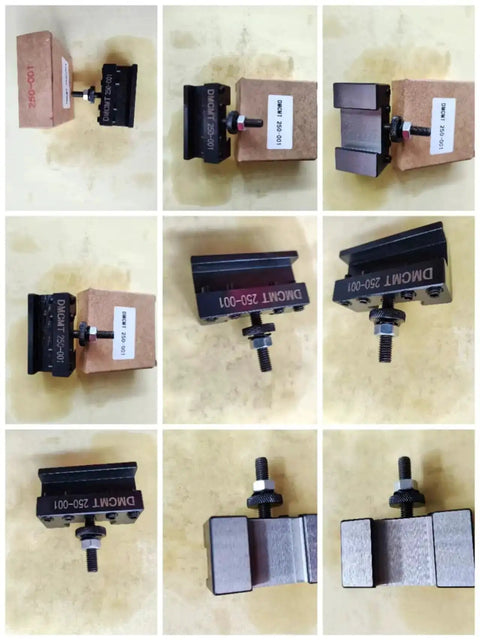 CNC Lathe Tool Holder Quick Change Black Steel for turning and drilling, shown in various angles and positions, fits 250-001, 250-000 kits.