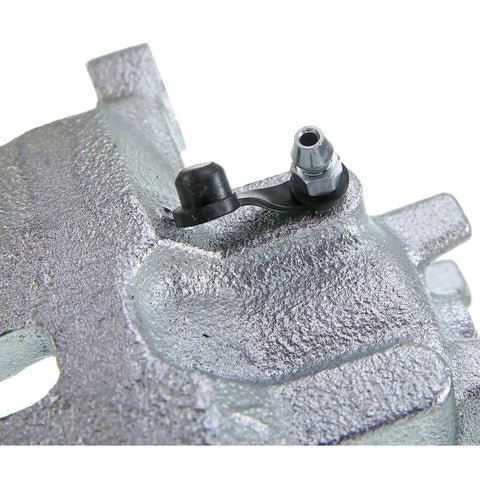 Brake caliper close-up: gray cast aluminum rear brake caliper with black anti-rattle clip.