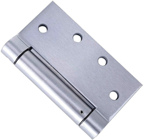 Stainless steel self-closing door hinge plate with four mounting holes, 4.5x4.5 inches