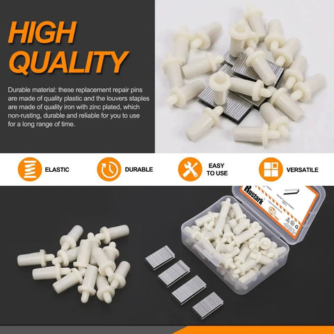 Fully Loaded Plantation Shutter Repair Kit 130 Pcs With 50 Spring Loaded Pins And 80 Tilt Rod Louvers Staples in packaging