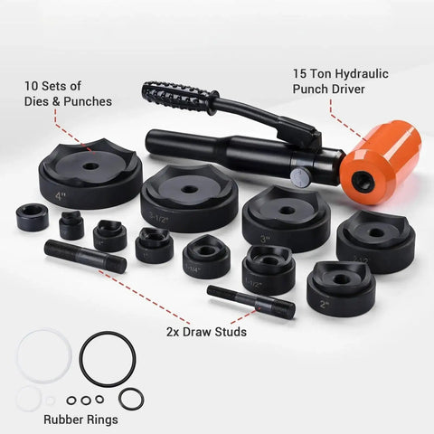 15-Ton Hydraulic Knockout Punch Set For Conduit One Half Inch To Four Inch Handheld Cutter With 10 Dies displayed on white background