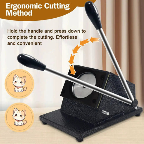 Ergonomic metal punch machine for 1.38 Inch Circle Paper Punch For Button Making, 35mm Die Cutter, with dual handles on wooden table