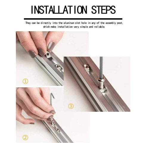Installation steps for 50 Pack 4040 Series M8 Hammer Head T Slot Nuts in 40 Series Aluminum Extrusion shown in close-up steps.