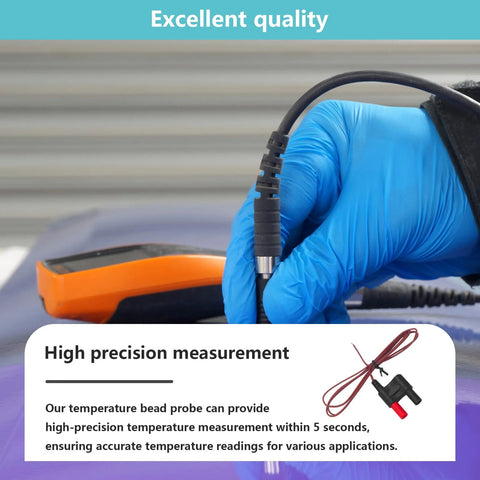 80BK-A Type K thermocouple bead probe with clamp held by a blue-gloved hand; orange Fluke meter in background.