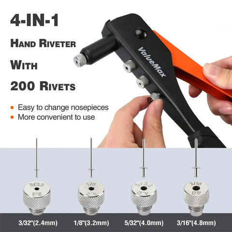4 In 1 Hand Riveter Kit With 200 Rivets For Metalwork, Heavy Duty Rivet Gun With 4 Interchangeable Nosepieces shown