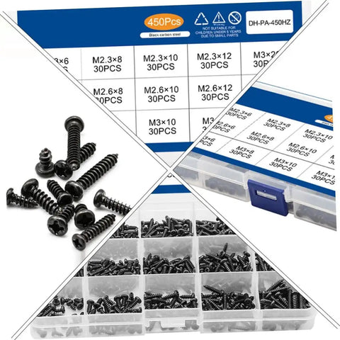 Multi Purpose Self Tapping Screws Set In A Handy Box cross head carbon steel miniature screws for electronics, furniture, and repairs.