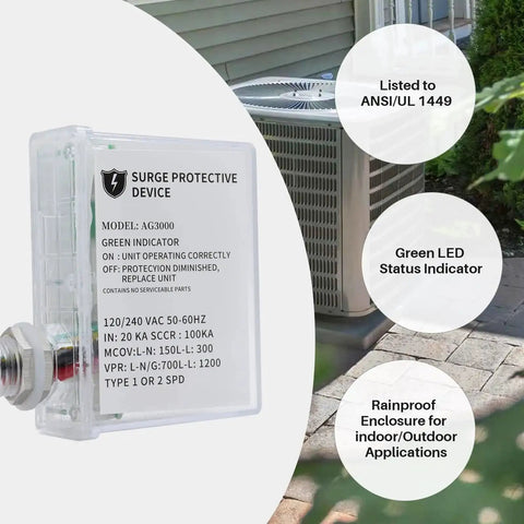 Heavy-Duty HVAC Surge Protector With TPMOV Tech and Three Modes L-G L-L L-N, Watertight Enclosure, 120/240 VAC, UL Listed