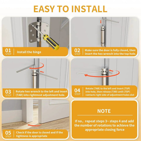 Installation steps for self closing 4 inch spring loaded door hinges with adjustable tension for left or right hand doors.