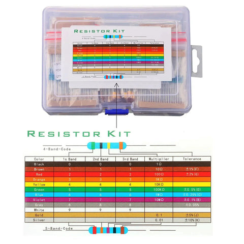 Resistor kit in clear case; 560 1/4W metal carbon film resistors, 1Ω–10MΩ, 56 values, 1% tolerance, color-code chart.