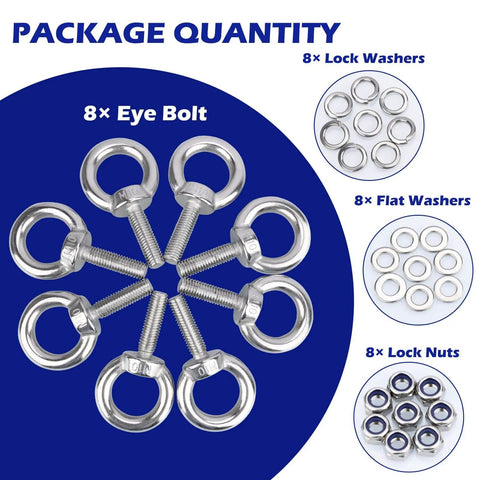 Set Of 8 M10 Eye Bolts With Nuts And Washers, 304 Stainless Steel Built Tough Heavy Duty Lifting Rings displayed with washers and nuts.