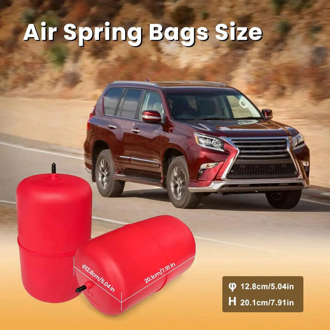 Front view: rear air spring bags suspension kit in red for 2010–2023 Lexus GX460 and Toyota 4Runner, OEM replacement, 2-pack