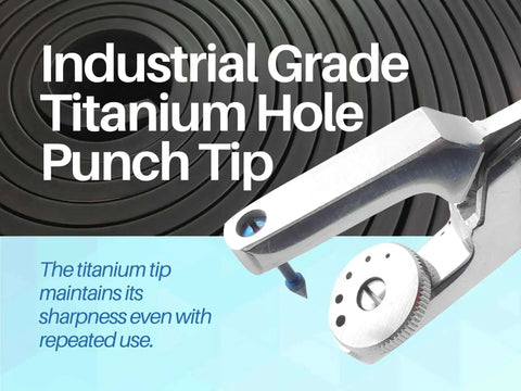 Close-up of Titanium Tip Rotary Leather Punch Tool with adjustable hole sizes for rubber dam sheets and lightweight leather.