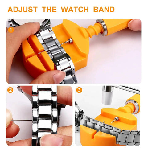 Using 32 Piece Watch Link Removal Kit With Pro Band Replacement Tool for DIYers on metal watch band with double head hammer