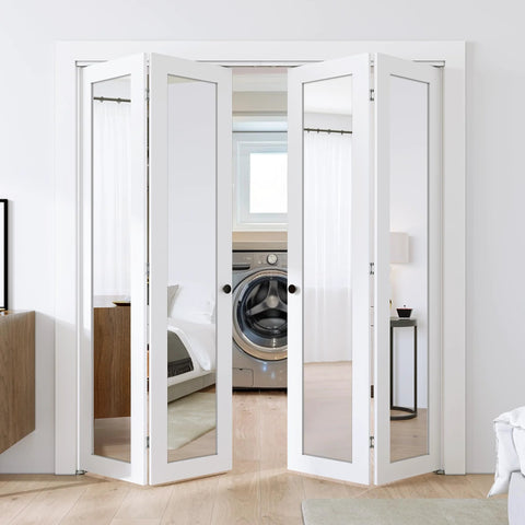 Mirror Bifold Closet Doors Set With Sliding Hardware Kit For 72 Inch Wide By 80 Inch High, Two 18 Inch Panels, White MDF Frame