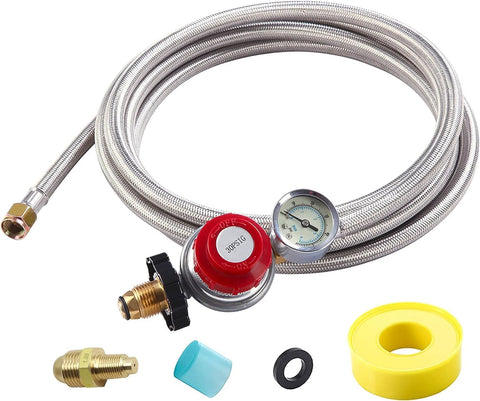 Propane regulator hose with gauge, 12 ft stainless braided line, red adjustment knob, brass adapters