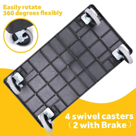 Bottom view of Heavy Duty Plastic Utility Cart with 4 full swivel wheels, 2 with brake, showcasing its maneuverability.