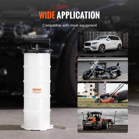 6.5L Manual Oil Change Fluid Extractor Pump With Dipstick And Suction Hose next to images of compatible vehicles and equipment