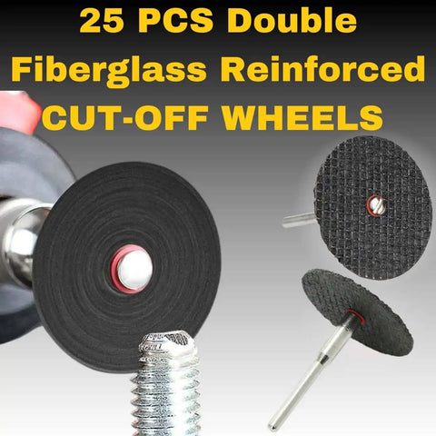 Metal Cutting Discs For Rotary Tools 25 Piece Cut Off Wheel Set with Double Reinforced Fiberglass displayed with mandrels and bolts.