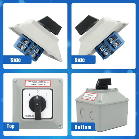 Three Position Rotary Changeover Switch Kit With Box 660V Two Pole 40A IP65 CE Rated 8 Terminals shown from multiple angles.