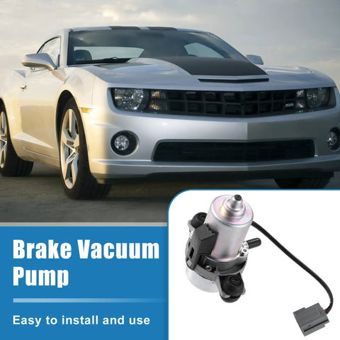 Brake vacuum pump assembly with wiring harness, metallic silver and black, shown beside a white car
