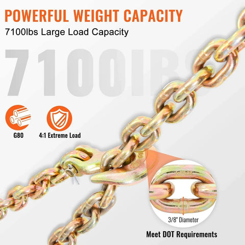 Three Eighth Inch 20 Ft G80 Transport Tow Chain With Grab Hooks 7100 Lbs Working Load Limit illustration of chain and hook details.