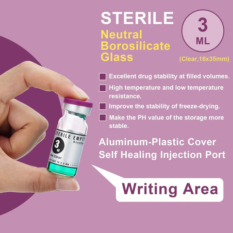 3 ml sealed sterile empty glass vial with purple cap held by fingers, label visible