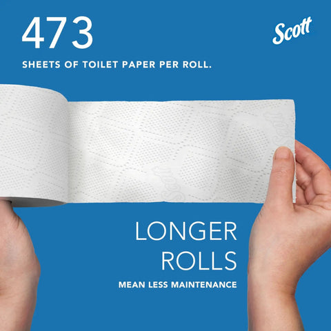 Hands holding 100 Percent Recycled Fiber 2 Ply Toilet Paper 80 Rolls 473 Sheets Per Roll, unrolled to show texture.