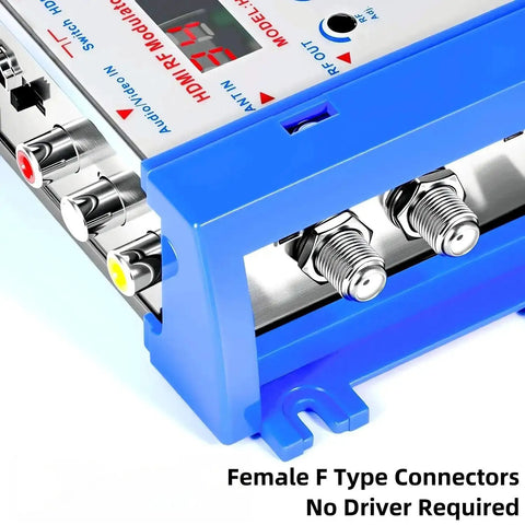 Close-up of HDMI to RF Modulator for TV with Easy F Type Output showing connectors, compatible with PAL NTSC, supports 1080P to 480P.