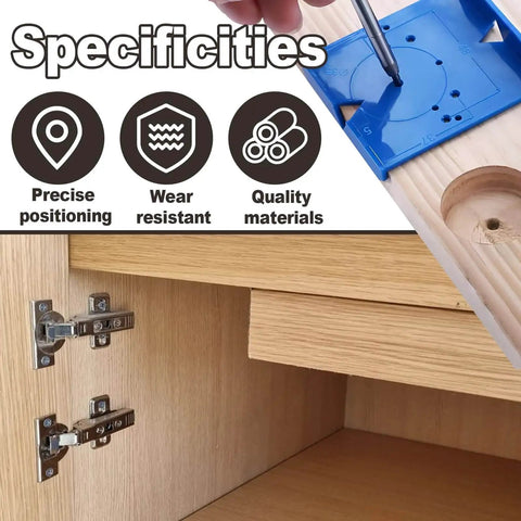 Dual size concealed hinge jig supports 35mm and 40mm hinges, delivering precise alignment and fast, clean cabinet door installs.