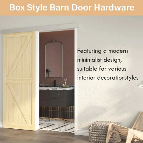Sliding barn door with box rail, interior view, featuring wooden door partially open to show bathroom.