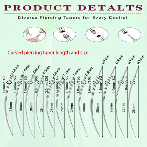 Curved piercing taper dimensions from Piercing Taper Ball Grabber Tool Kit For Quick Jewelry Swaps 14G 16G 18G 20G
