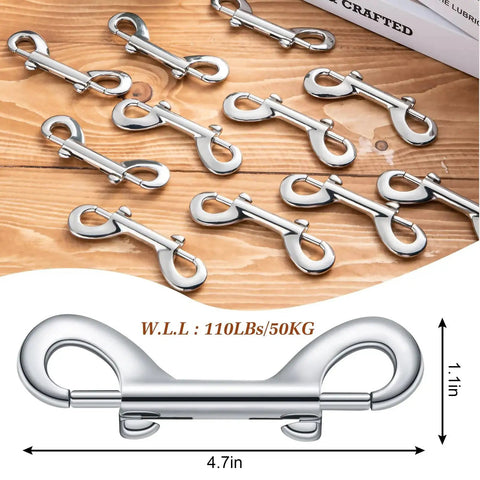 12 Pack Double Ended Bolt Snap Hooks Zinc Alloy With Double Trigger Clips on wooden surface
