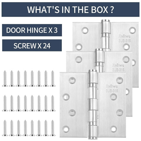 XinSheng 3-pack 316 stainless steel door hinges, 4x4 in, with 24 screws for interior/exterior outswing doors