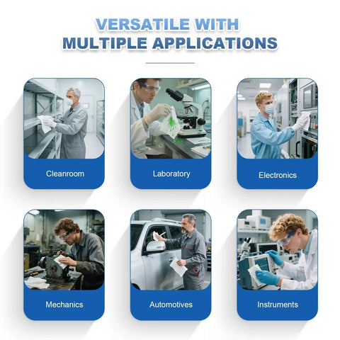 Six images show cleanroom, laboratory, electronics, mechanics, automotive, instruments using Cleanroom Wipes 6 By 6 300 Pcs Lint Free Grade A.