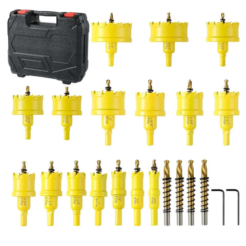 Carbide Hole Saw Kit 24 Piece Set For Metal Wood Plastic And More With Upgraded Pilot Drill Bit And Hex Keys From DWIKE Five Eighths Inch To Three Inches TCT Hole Saws Designed For Hard Metal Alloy Aluminum Stainless Steel Plastic And Iron shown with case and tools